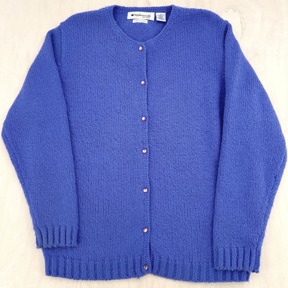 Vintage Appleseeds Cardigan Sweater Womens Large Blue Hand Loomed Knit Button Up